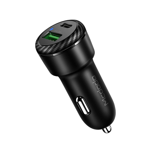 38W Dual Car Charger Carbon Fiber Finish USB-A and USB-C